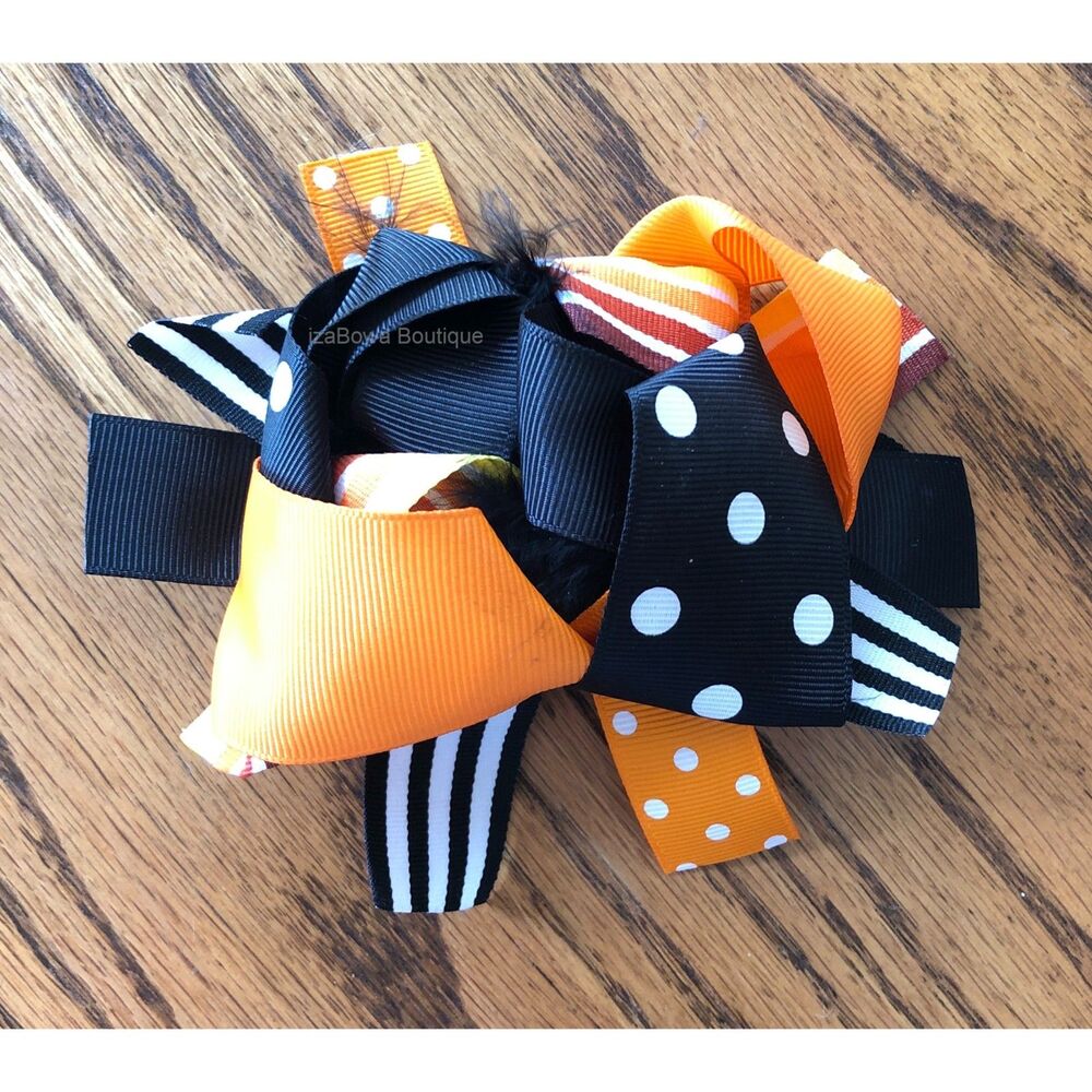 Orange & Black Super Deluxe Bows w/ Feather Accents 5B2193 Handmade NWT